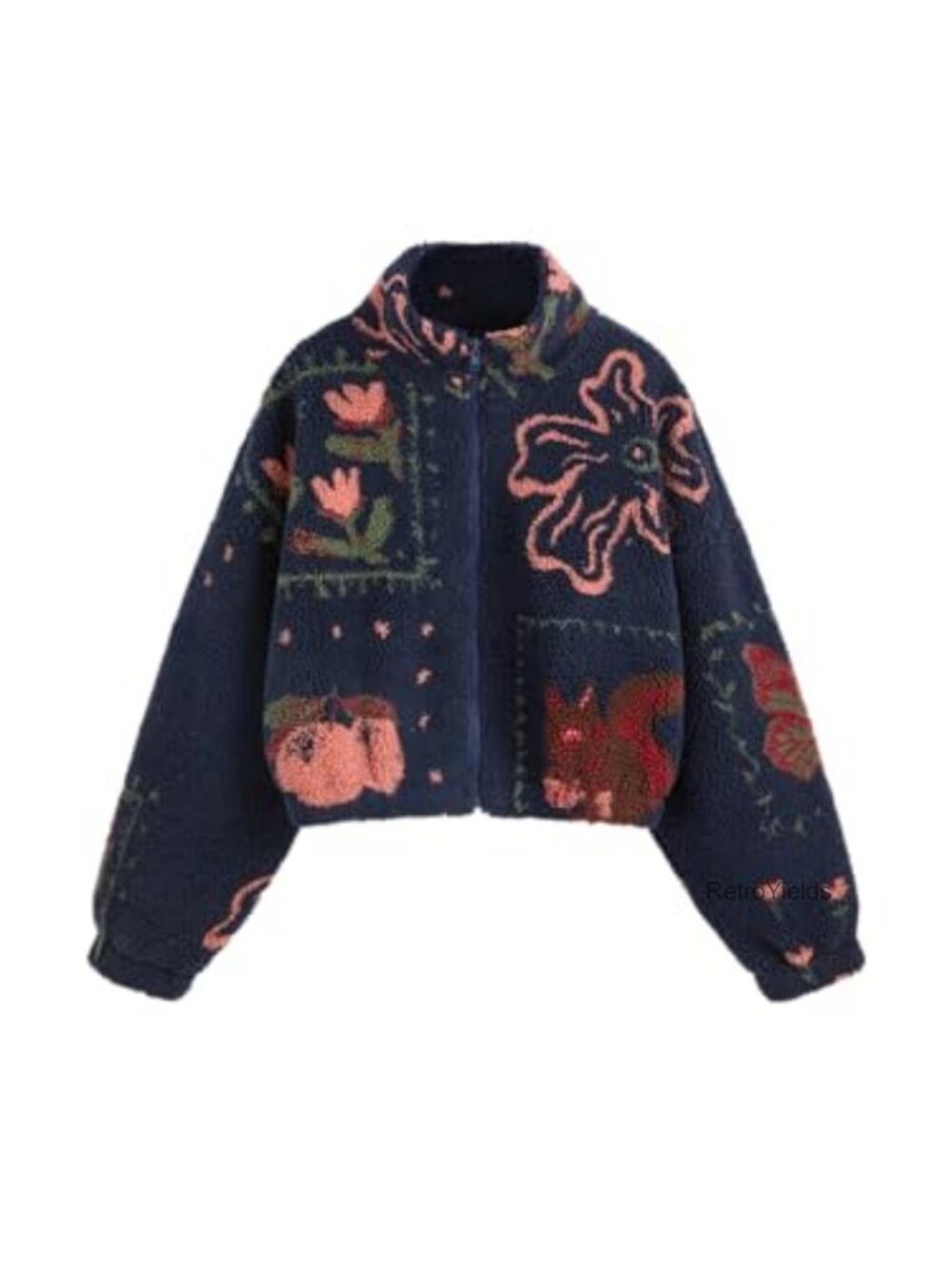 Sherpa Fleece Floral Graphic Zip Jacket Oversized Cropped Winter Coat